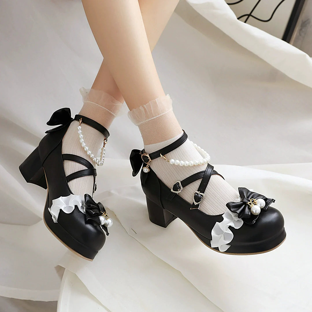 Yana - Round Toe Sweet Lolita Shoes, Detachable Pearl Chain