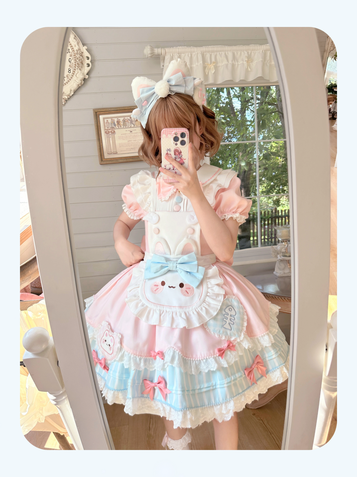 Jiuli Lolita - Nine Meow Bunny - Sweet Lolita Bunny Apron OP Dress, Back Zipper