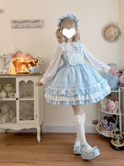 Hanguliang - Sweet Bear - Kawaii Lolita JSK Dress Embroidery Flounce Hem
