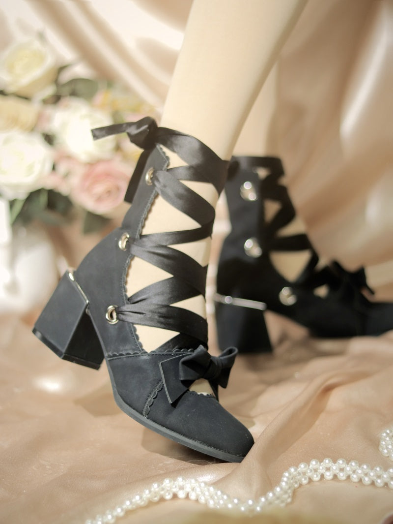 MR.Qiutian - Muse Kiss - Elegant Lolita Shoes Lace-up Bow Heels Round Toe