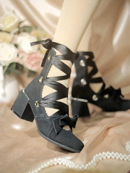 MR.Qiutian - Muse Kiss - Elegant Lolita Shoes Lace-up Bow Heels Round Toe