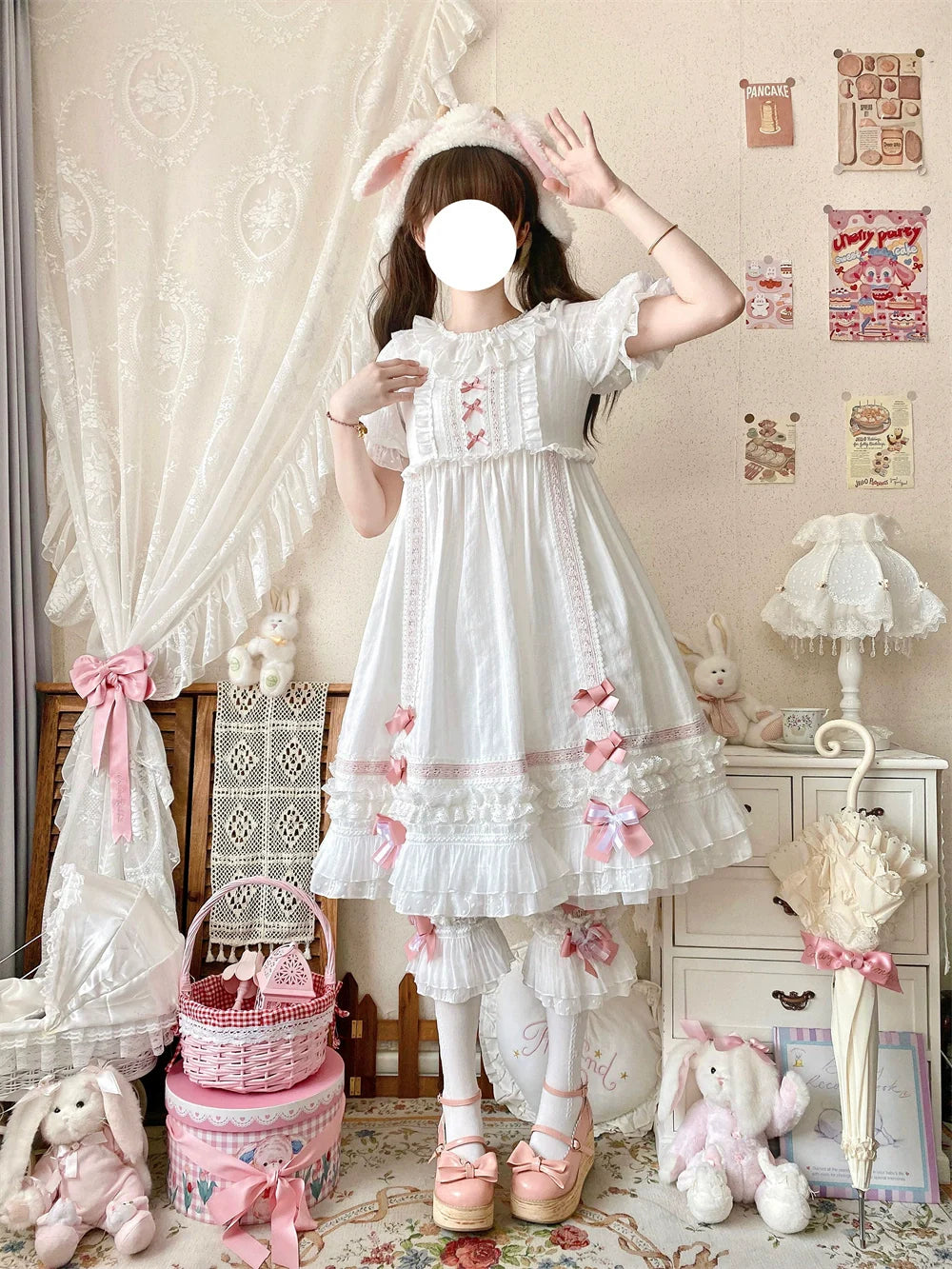 Ilovexiaolu - Meow Lullaby - Cotton Kawaii Lolita OP Dress with Removable Kitty Apron
