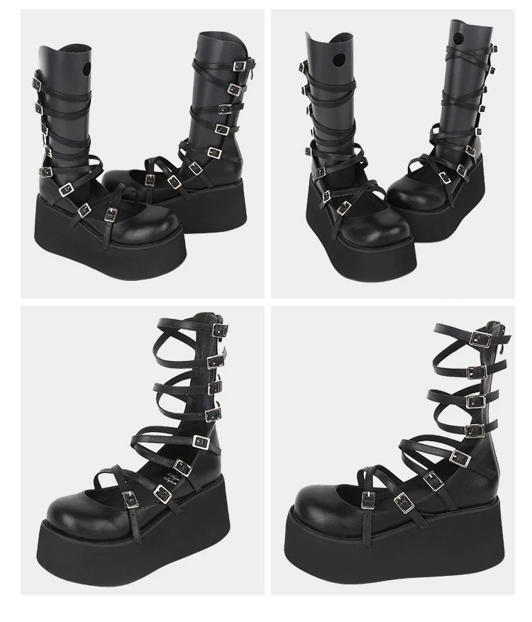 Angelic imprint - Punk Lolita High Platform Shoes With Calf-length Straps