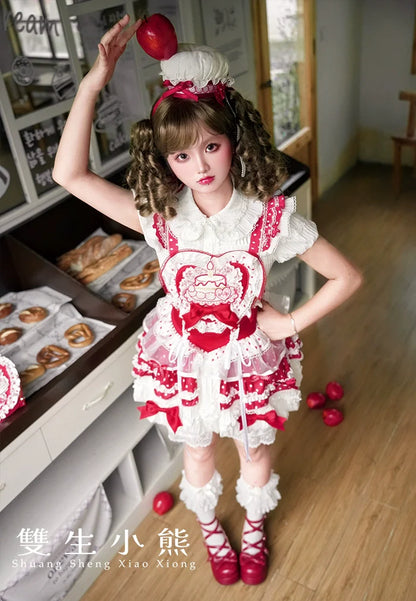 Shuang Sheng Xiao Xiong - Bite The Cake - Sweet Lolita Dress, Red & White Polka Dots