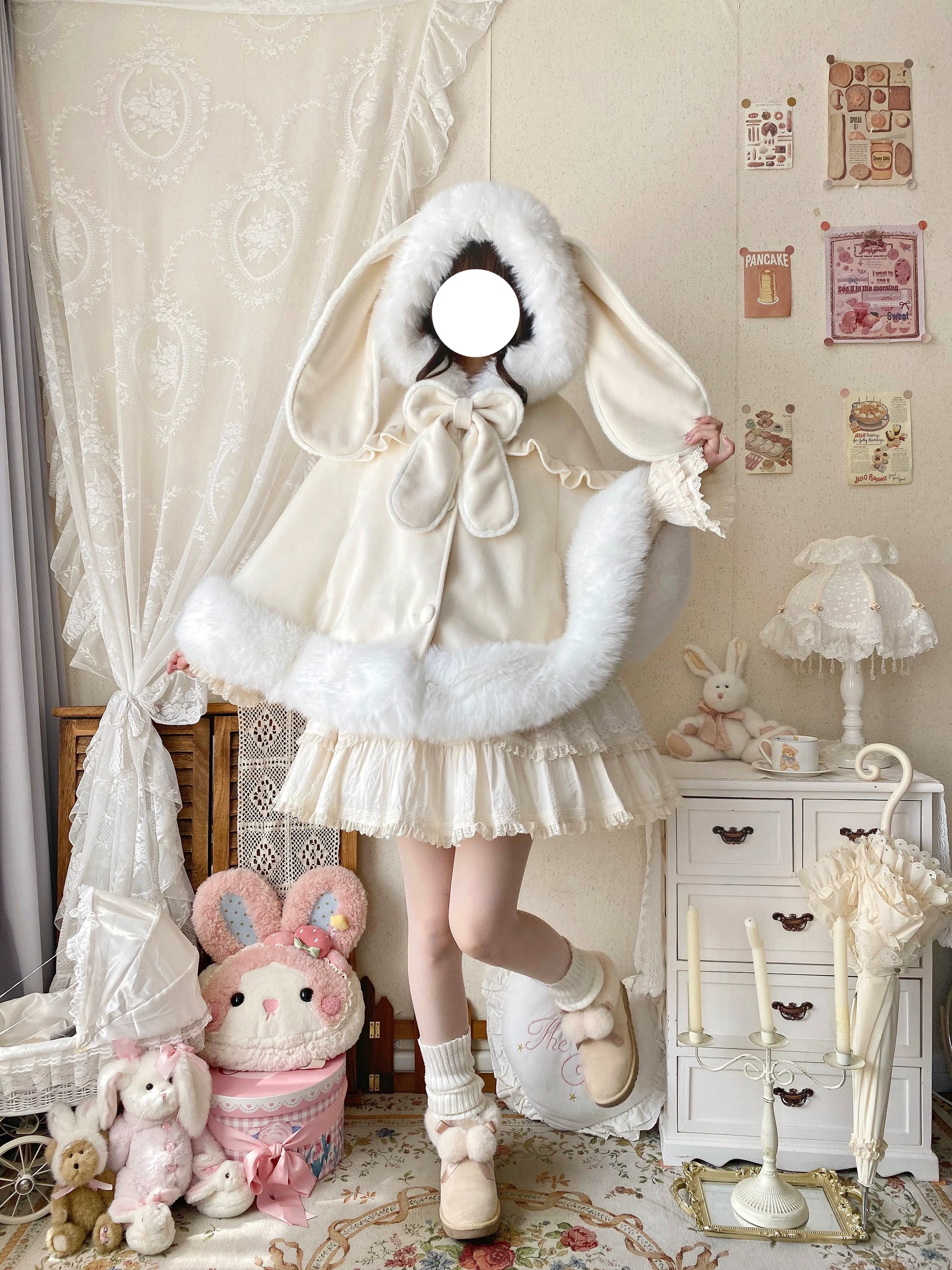 Qianmu - Lop Bunny - Kawaii Lolita Plush Hooded Cape