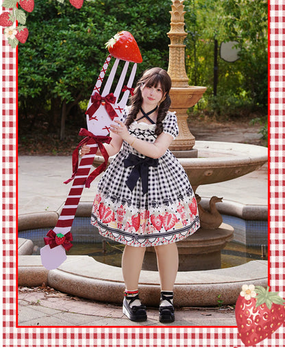 Chubby Cat Diary - Gingham Strawberry - Plus Size Country Lolita OP Dress
