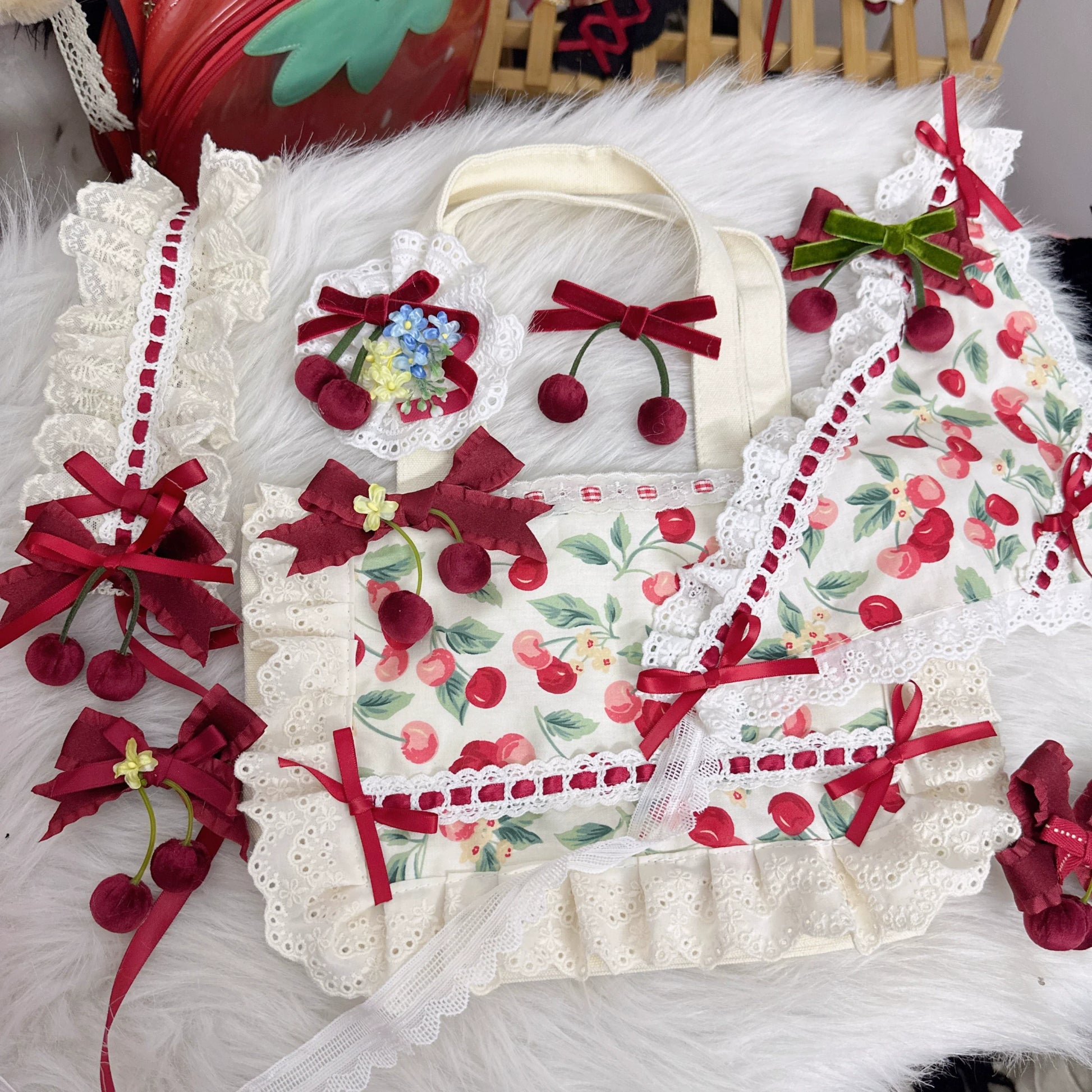 Chestnut Lolita - Sweet Lolita Headdress Cherry Hair Clip Straw Hat Necklace Handmade Set