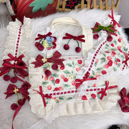 Chestnut Lolita - Sweet Lolita Headdress Cherry Hair Clip Straw Hat Necklace Handmade Set