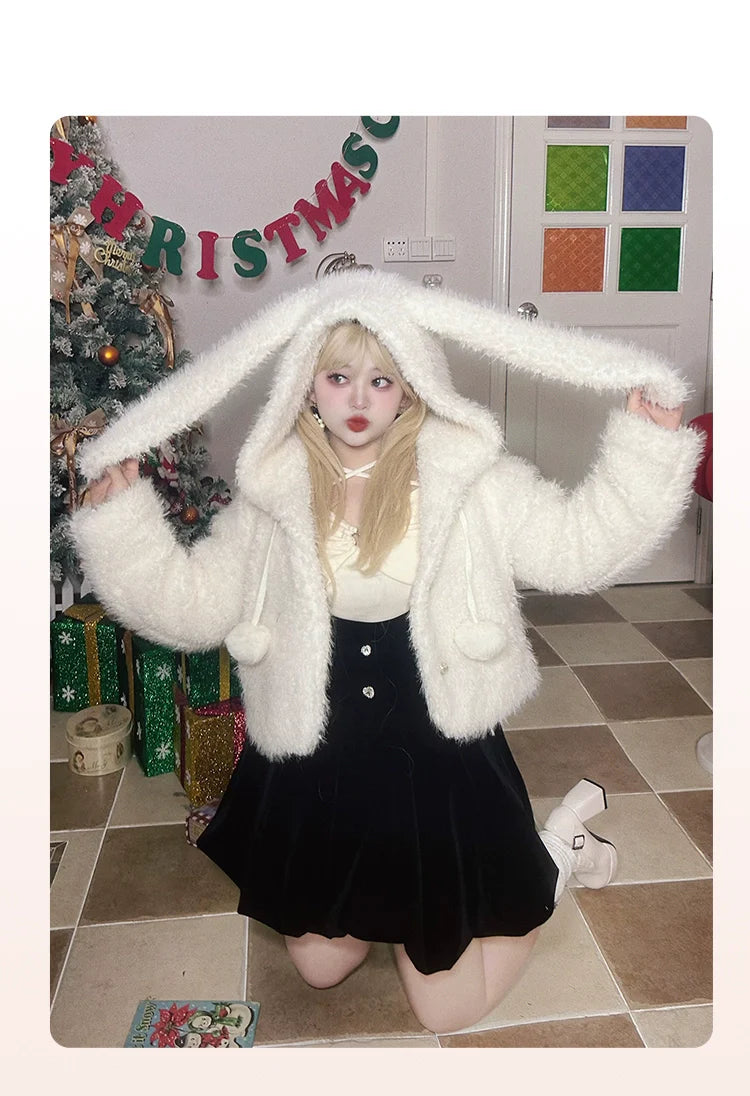 Yingtang - Plus Size Lolita Christmas Plush Coat Dress Set