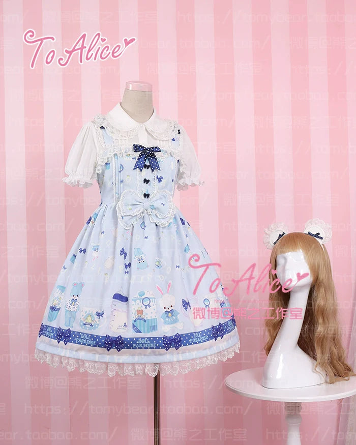 To Alice - Dear Dolls - Kawaii Lolita JSK Dress, Bear & Bunny Print