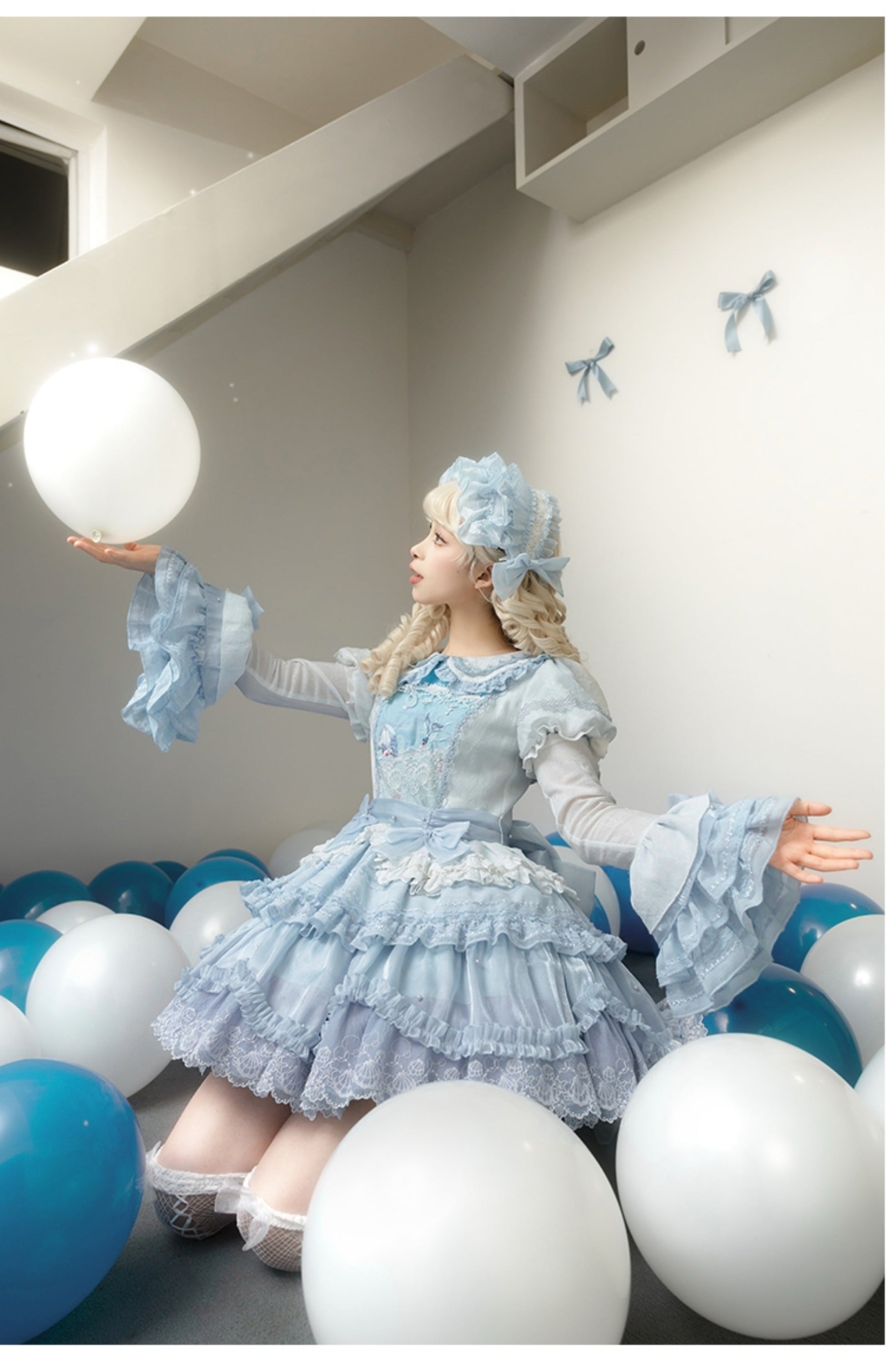 Honey Machine - Blue Whale - Sweet Lolita OP Suit Tiered Ruffle Dress with Shell Lace