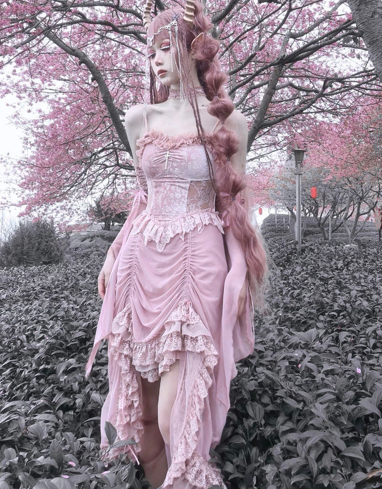 Blood Supply - Sakura Nightmare - Pink Gothic Velvet Drawstring Dress