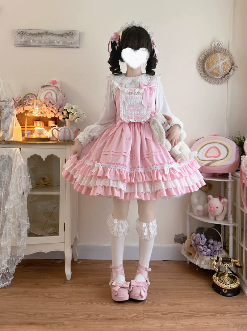 Hanguliang - Sweet Bear - Kawaii Lolita JSK Dress Embroidery Flounce Hem