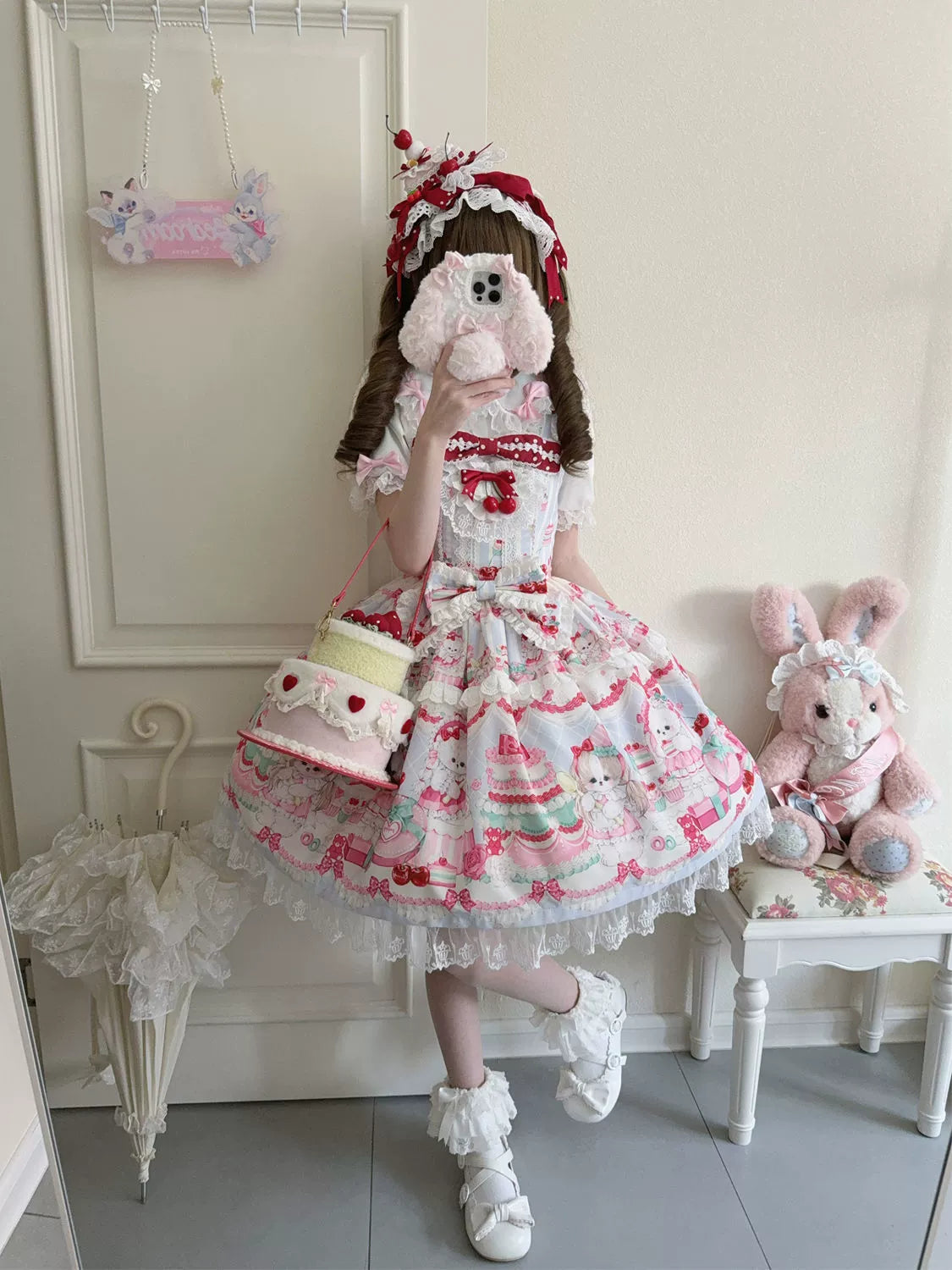 Hanguliang - Cherry Bake Song - Kawaii Lolita JSK Dress With Dessert Print & Cherry Bow