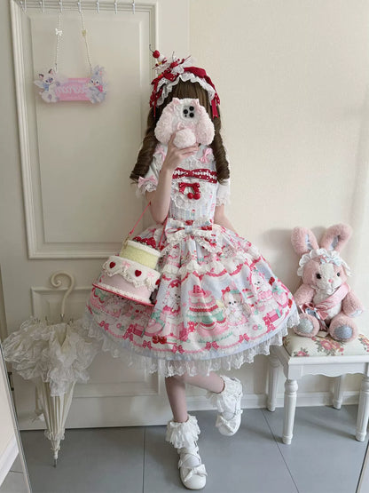 Hanguliang - Cherry Bake Song - Kawaii Lolita JSK Dress With Dessert Print & Cherry Bow