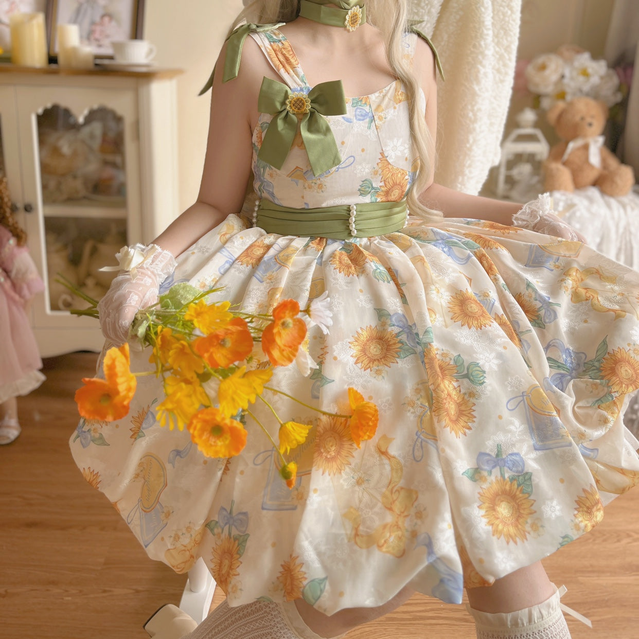 Akiyama Future Studio - Sunflower Print Lolita JSK Dress in Breathable Light Fabric