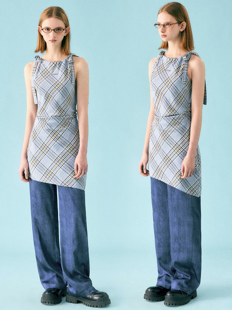 Sleeveless Check Suspender Asymmetric Dress【s0000002218】