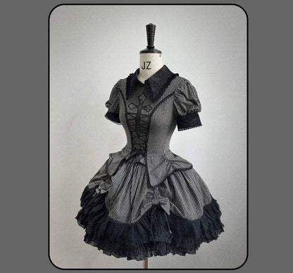 Susin Lolita - Striped Cross - Gothic Coordinated Lolita Set, Adjustable Blouse & Skirt
