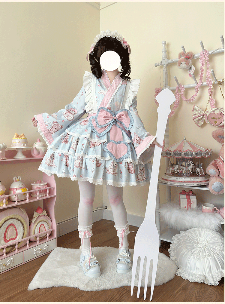 Niu Niu - Showa Moe Bear - Plus Size Wa Lolita Dress Set Kawaii Lolita SK Suit