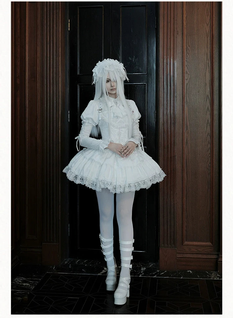With PUJI - Fallen Heaven - White Gothic Lolita OP Set, Double Layered Skirt