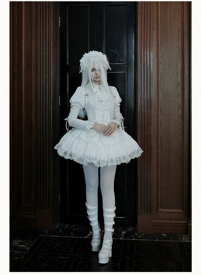 With PUJI - Fallen Heaven - White Gothic Lolita OP Set, Double Layered Skirt