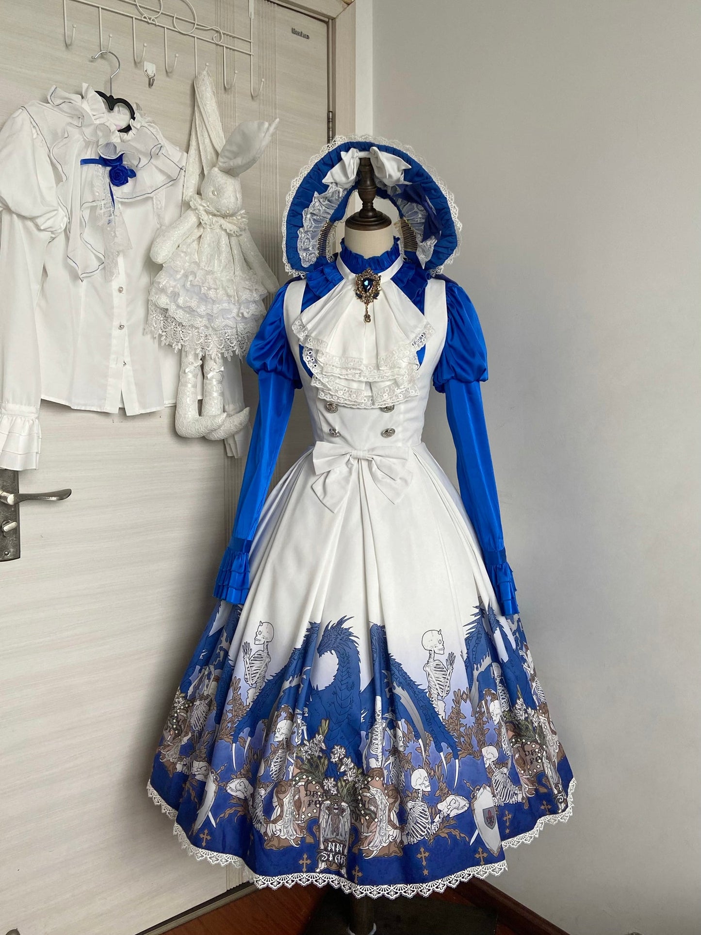 Nn Star - Dragonbone Lily - Dragon Skeleton Print Gothic Lolita Bust-supporting JSK and BNT