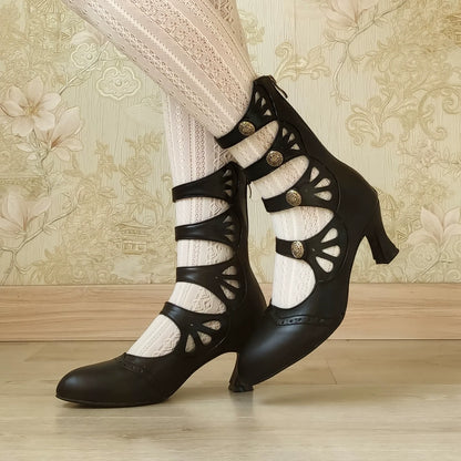 Sentaro - Floral Carved - Vintage Lolita Shoes Mary Jane Hollow-out Ankle Boots