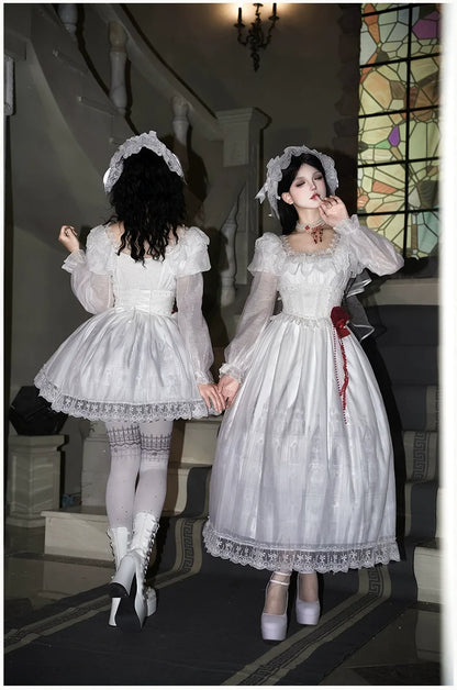 With PUJI - Dawn's Last Light - Castle Printed White Gothic Lolita OP, Two Length Styles