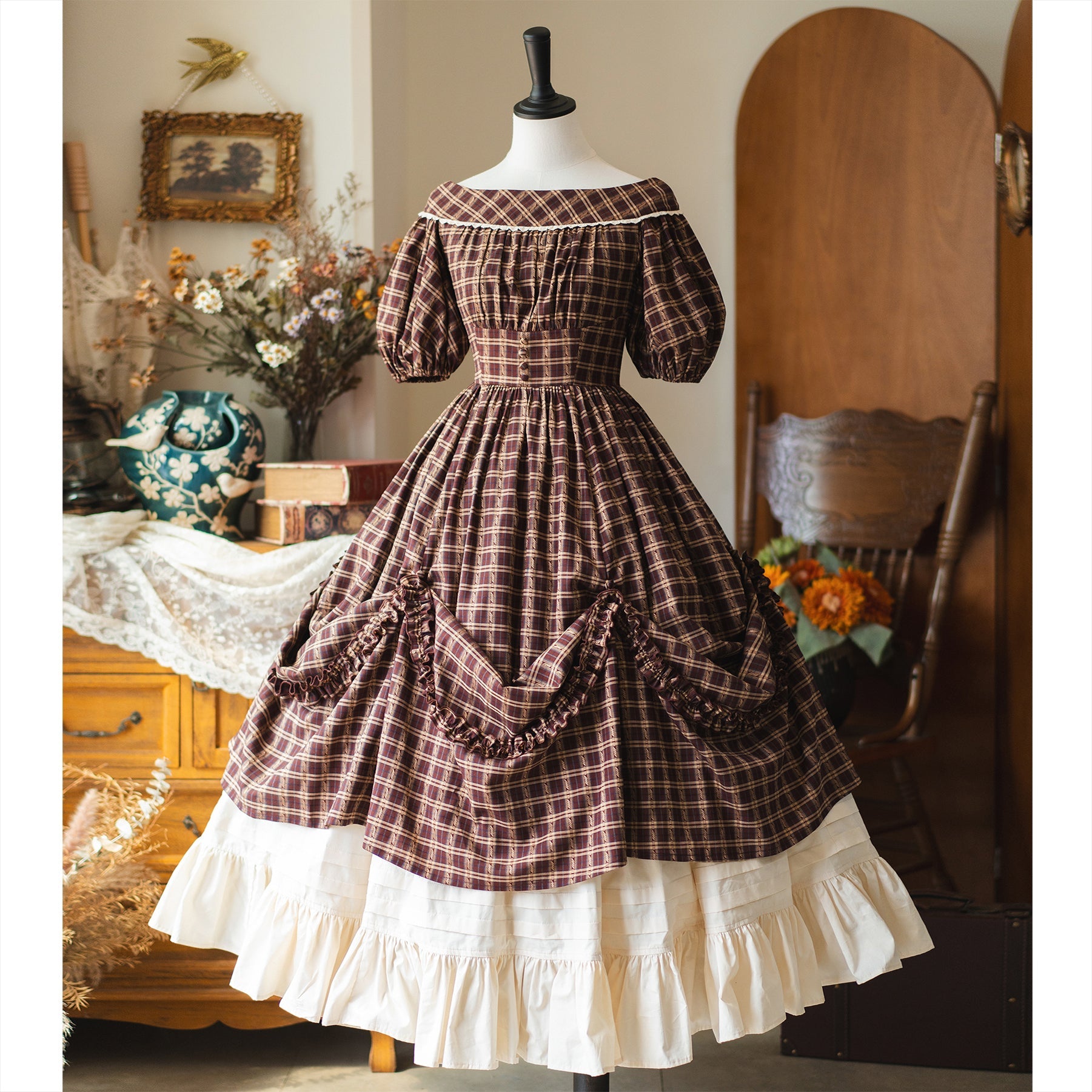 Forest Wardrobe - Forest Picnic - Classic Lolita OP Dress with Off-Shoulder and Lifting Hem