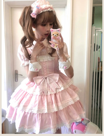 TaTaTa Lolita - Otome Heart - Cotton Old School Lolita JSK Dress Suit, Heart-Shaped Lace Trim