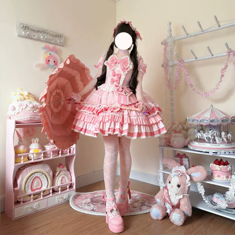 Hanguliang - Showa Flower Butterfly - Pink Sweet Lolita OP Dress With Bows & Lace Trim