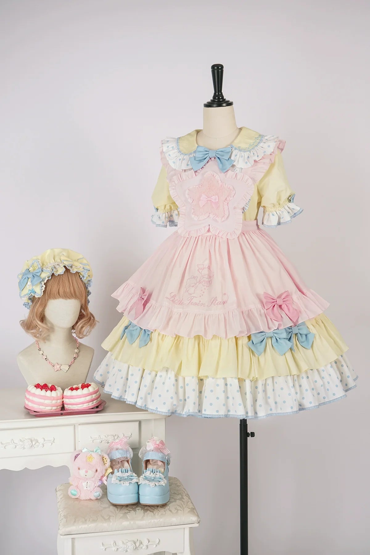 Vcastle - Sweet Lolita OP Dress Splicing Sleeve Apron Dot Print Dress