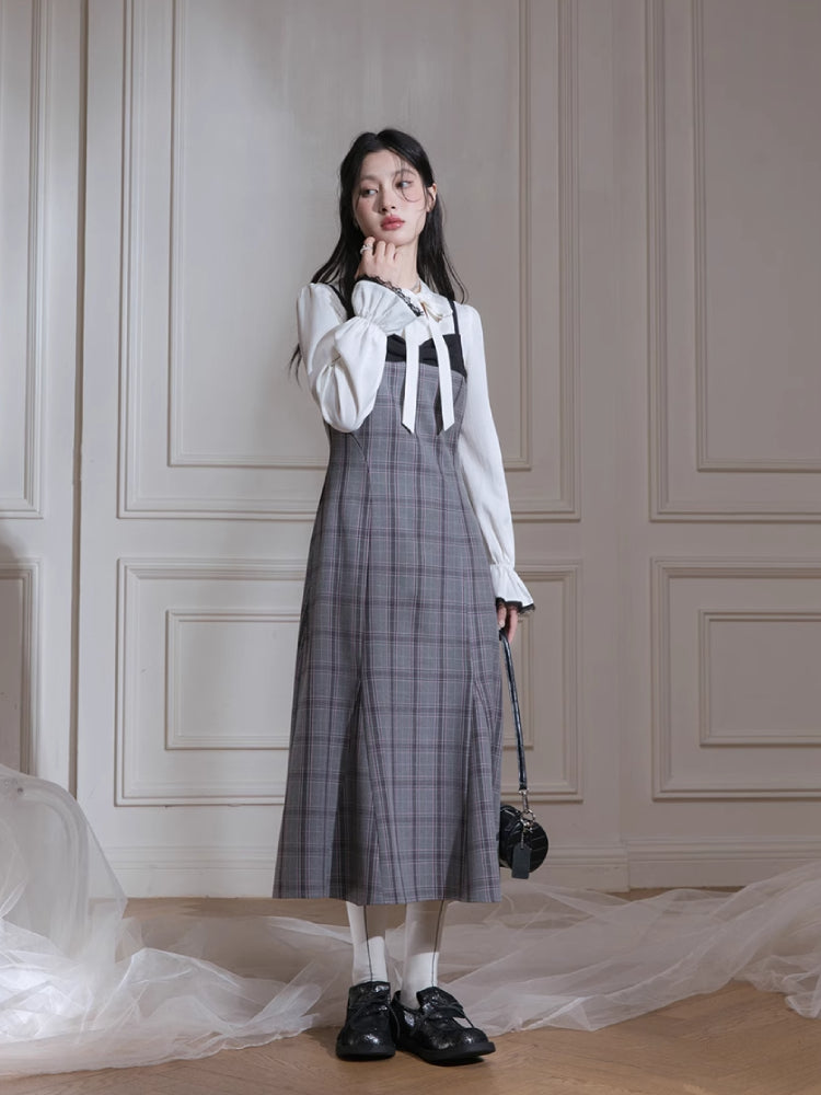 Plaid dress + pullover shirt set【s0000007222】