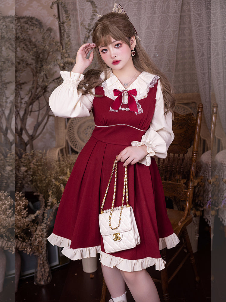 Yingtang - Plus Size Lolita French Retro Dress Set