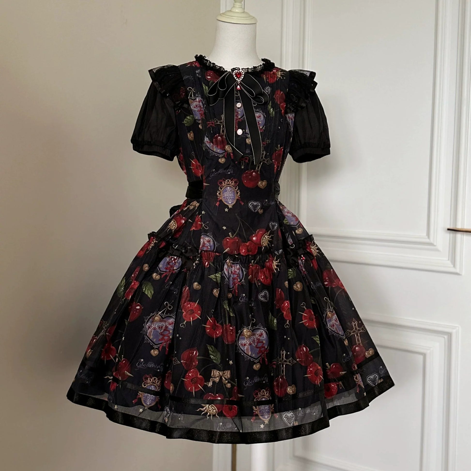 Gloaming - Sweet Lolita Cherry print Short Sleeve OP and SK Set