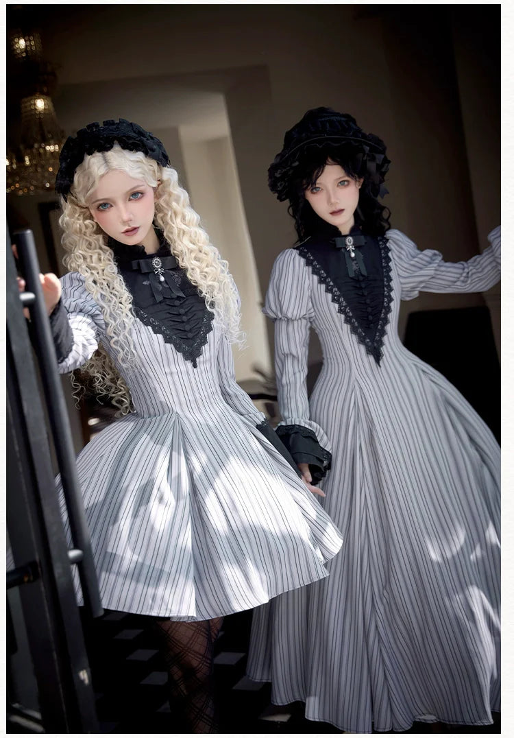 With PUJI - Nocturne SP - Striped Gothic Lolita OP Twin Lolita Dress with Apron