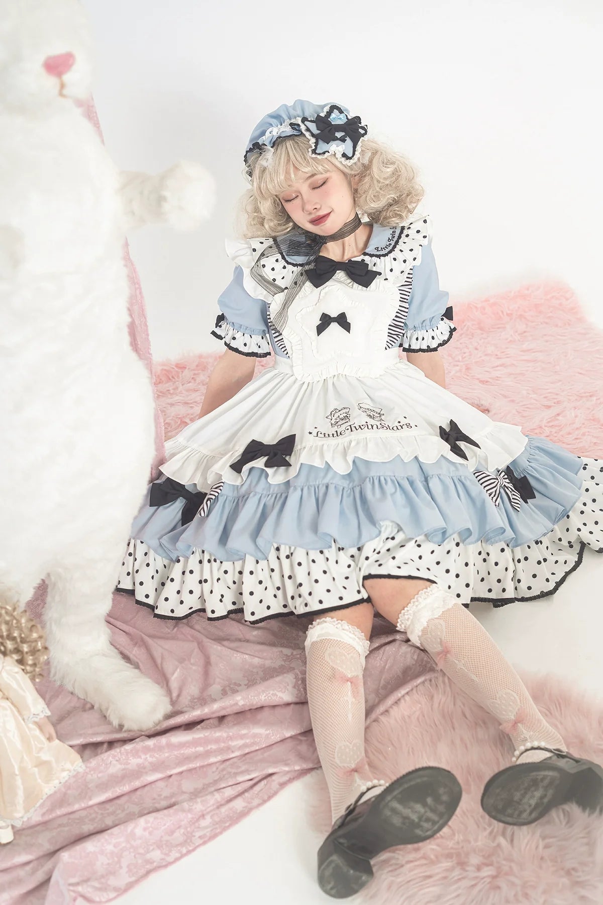Vcastle - Sweet Lolita OP Dress Splicing Sleeve Apron Dot Print Dress