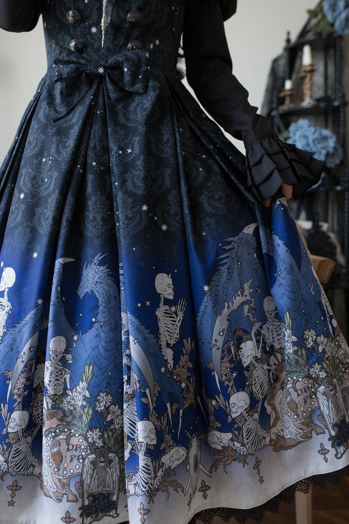 Nn Star - Dragonbone Lily - Dragon Skeleton Print Gothic Lolita Bust-supporting JSK and BNT