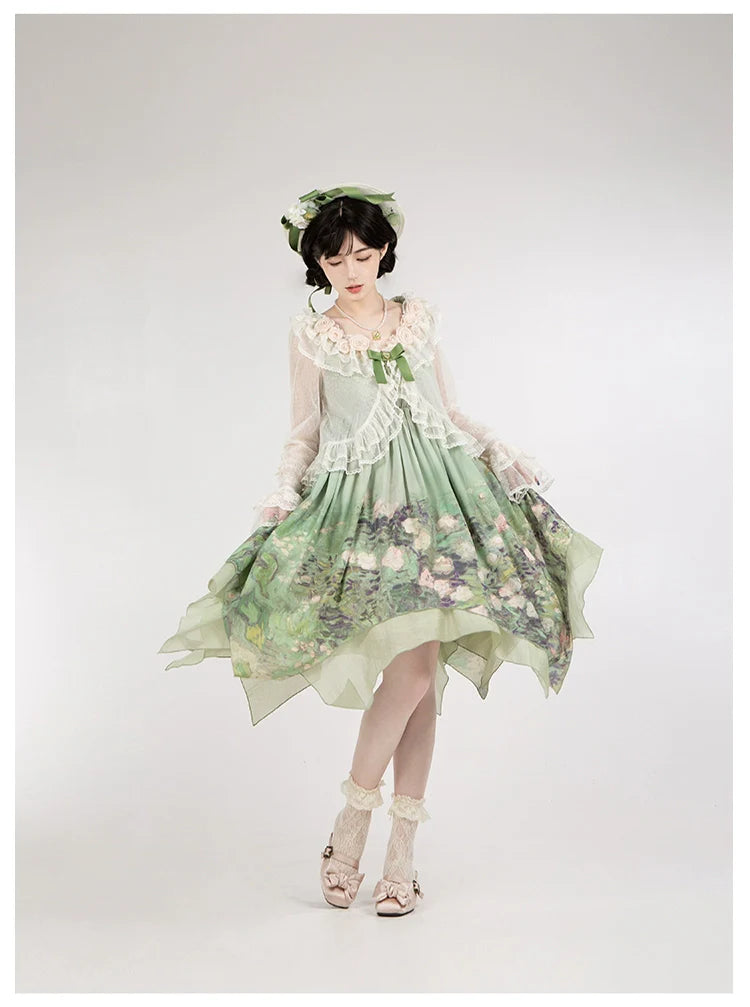 With PUJI - Blooming Rose - Chiffon Classic Lolita Dress Set Painting Styled OP & JSK