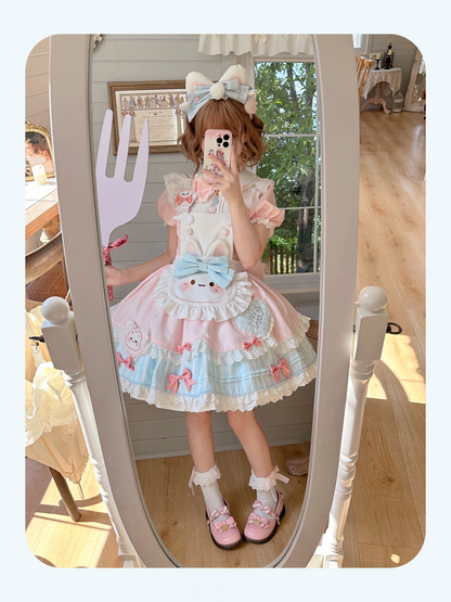 Jiuli Lolita - Nine Meow Bunny - Sweet Lolita Bunny Apron OP Dress, Back Zipper