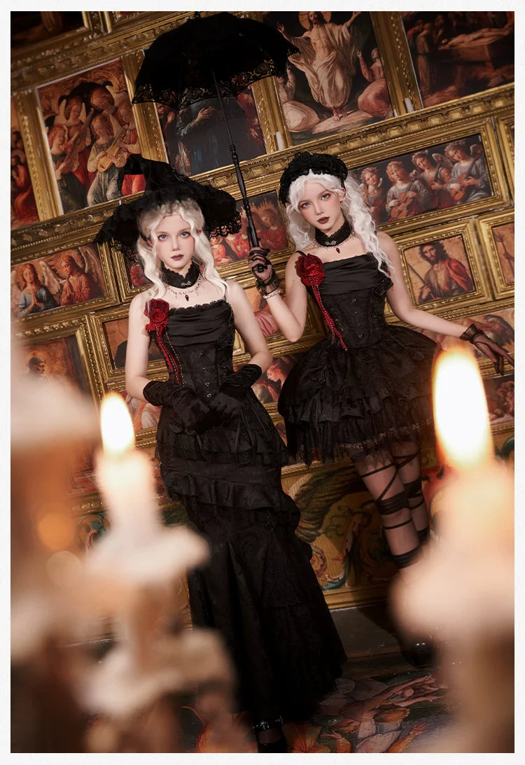 With PUJI - Letter and Poetry ﾂｷ Twilight - Black Gothic Lolita Skirt Set, Witch-Inspired