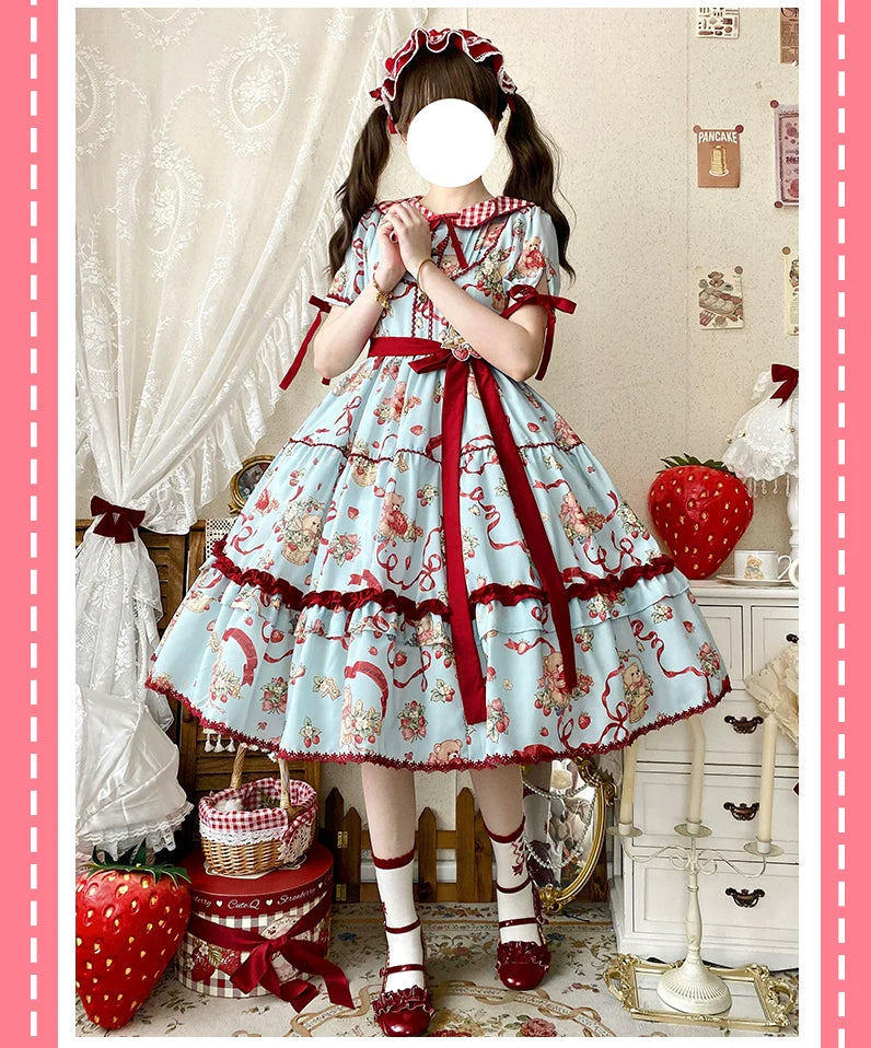 Qianmu - The Bear's Strawberry Field - Daily Lolita OP Dress With Petal Collar & Bear Strawberry Print
