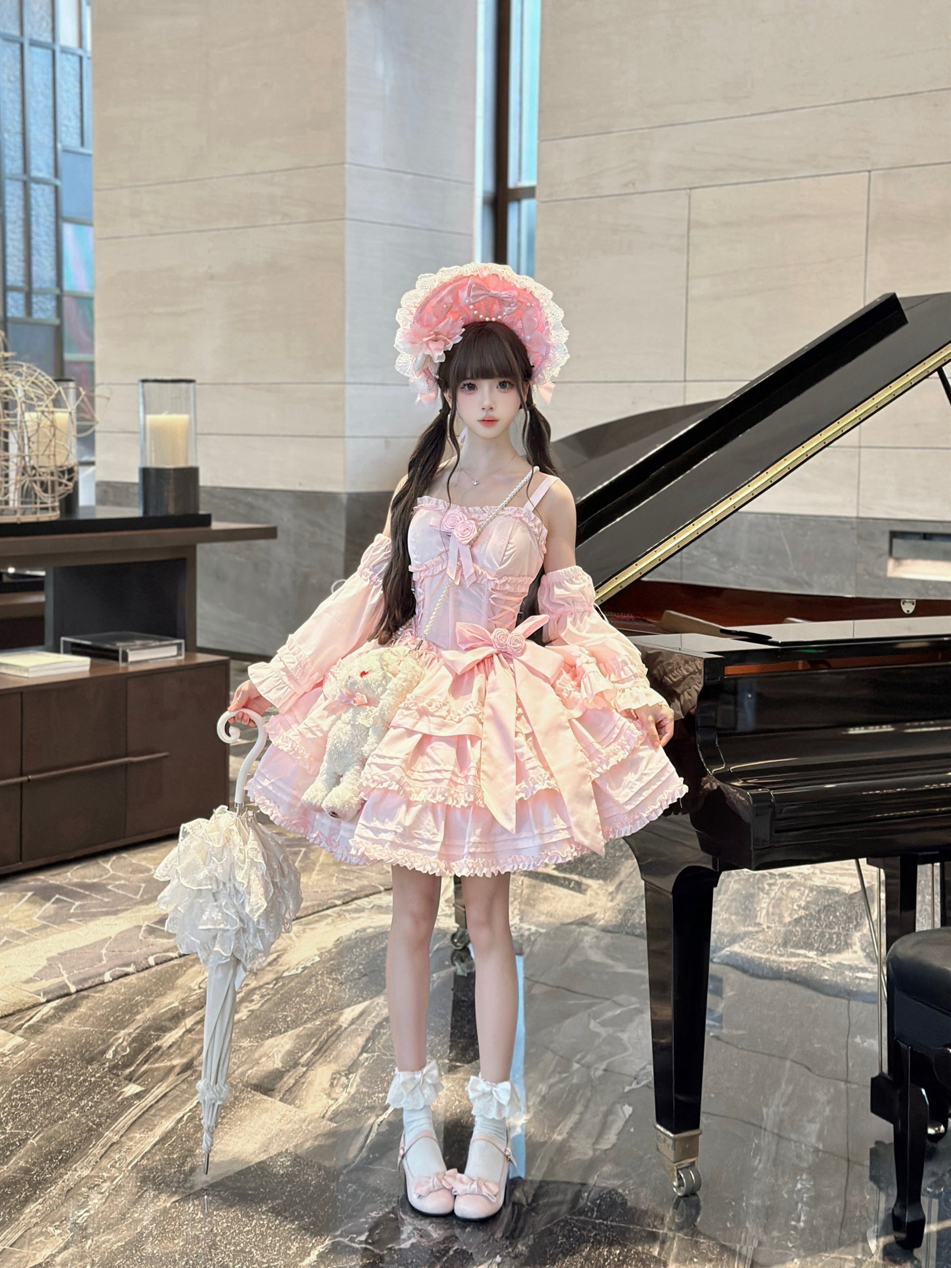 Mengfuzi - Lilith - Pink Sweet Lolita JSK Tiered Ruffle Dress with Bolero