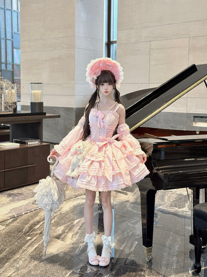 Mengfuzi - Lilith - Pink Sweet Lolita JSK Tiered Ruffle Dress with Bolero