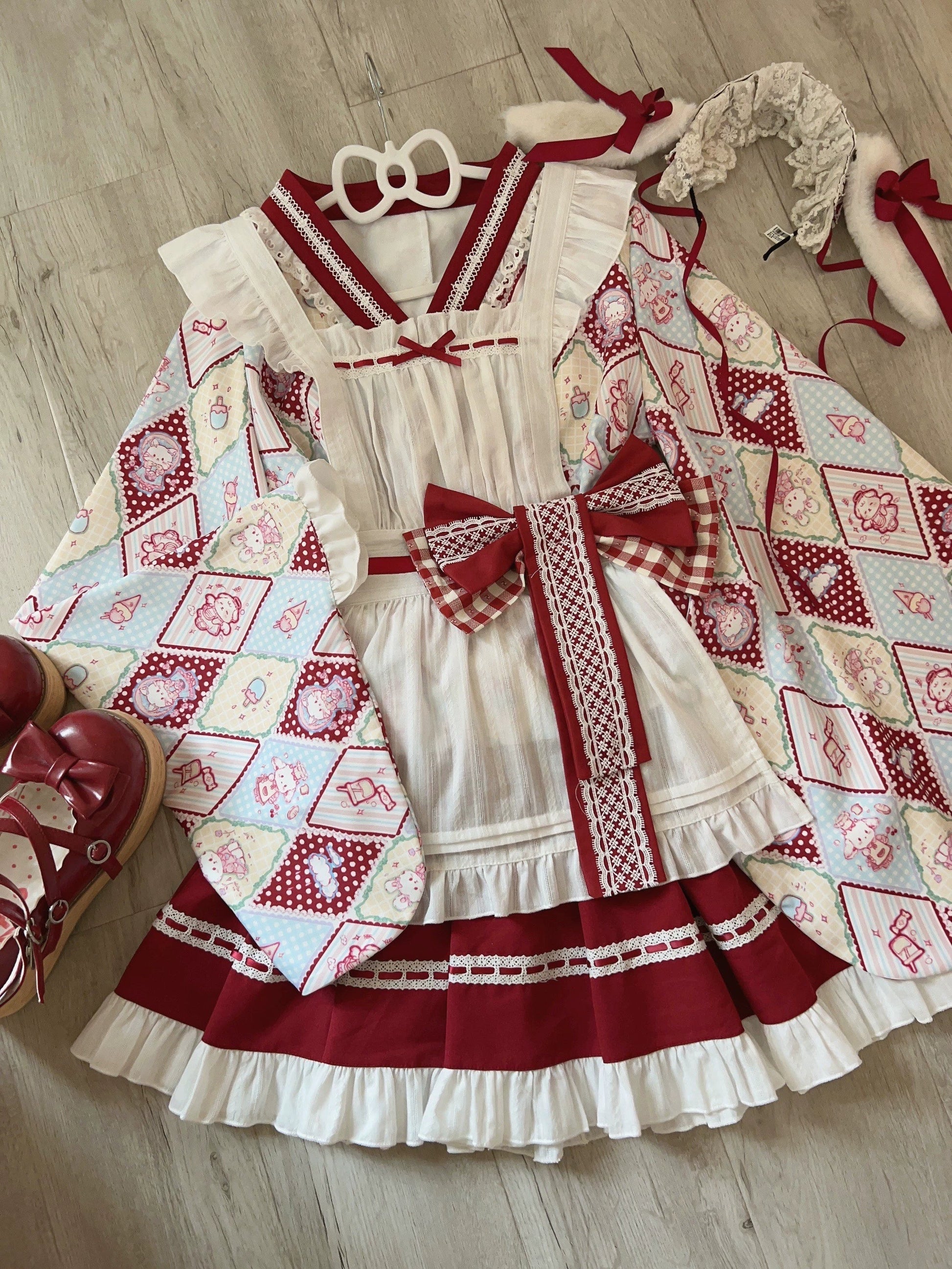 Sugar Girl - Showa Sweetness - Maid Wa Lolita Skirt Set Cute Summer Lolita Bow Apron