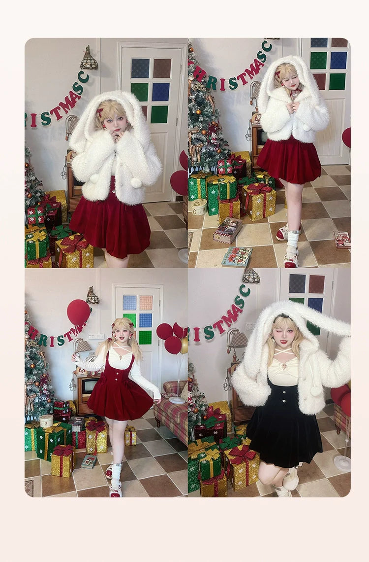 Yingtang - Plus Size Lolita Christmas Plush Coat Dress Set