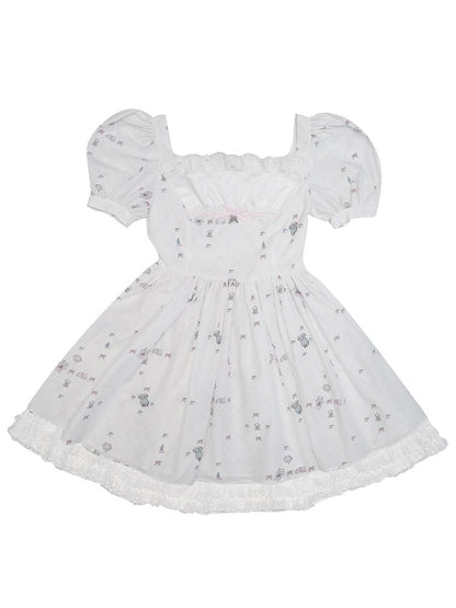 Print puff sleeve lace dress【s0000002172】