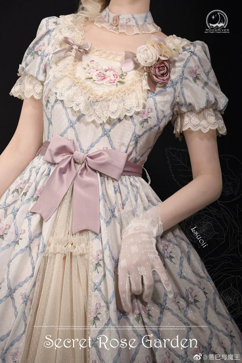 Moon River - Elegant Lolita OP Dress Short Sleeve Square Neckline Print Dress