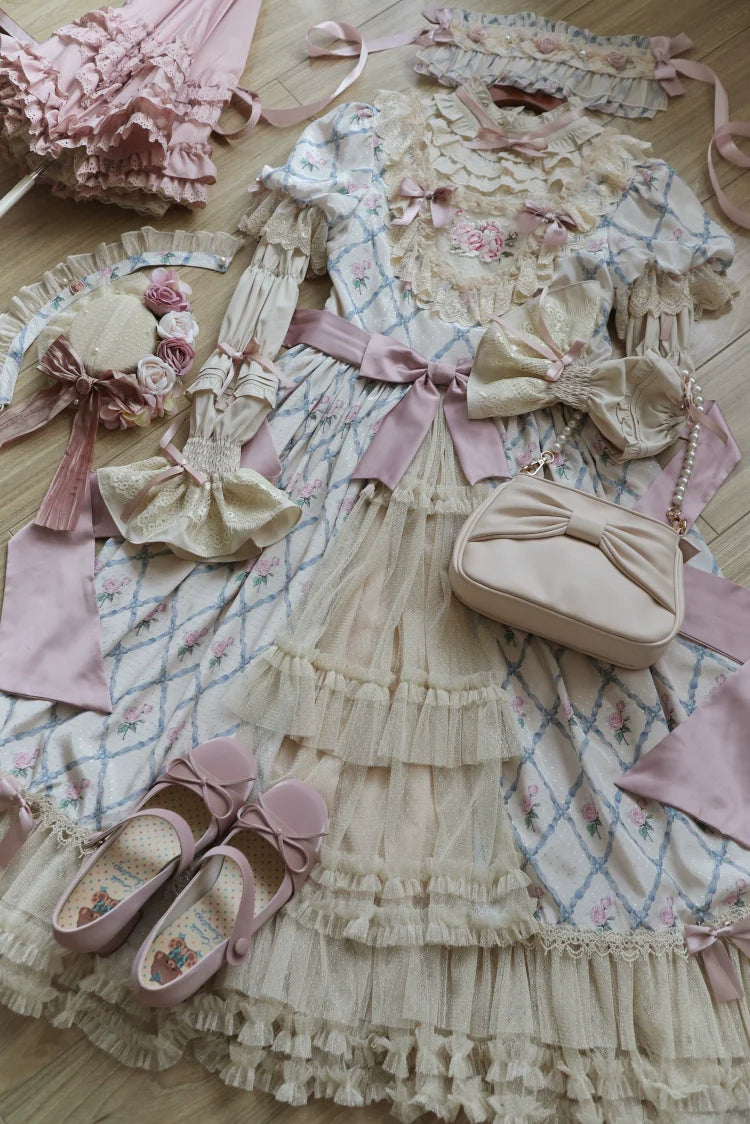 Moon River - Elegant Lolita OP Dress Short Sleeve Square Neckline Print Dress