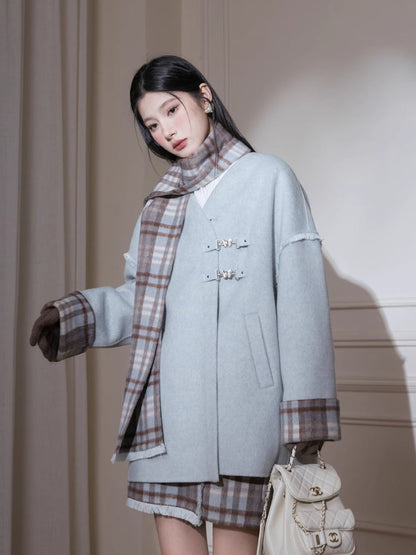 Fur edge plaid jacket + skirt【s0000005806】